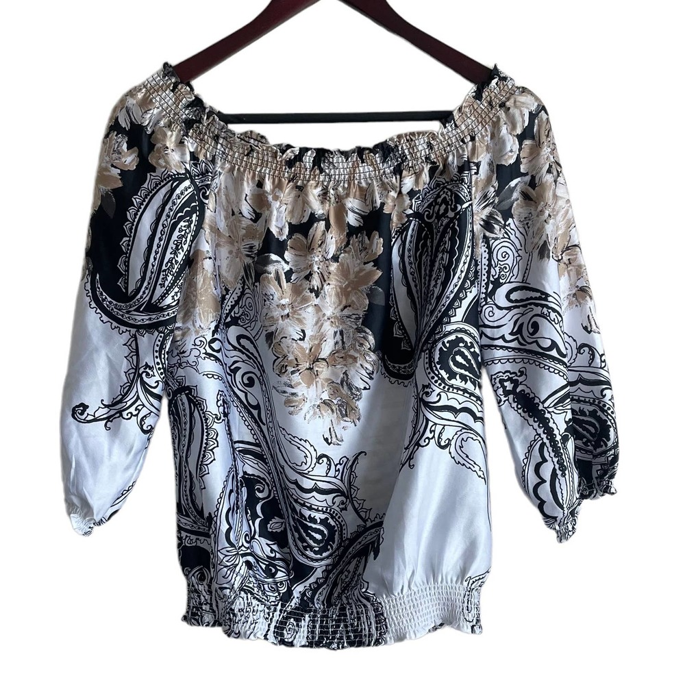 White House Black Market Women’s Blouse Scoop Neck 3/4 Sleeve Black & Tan M